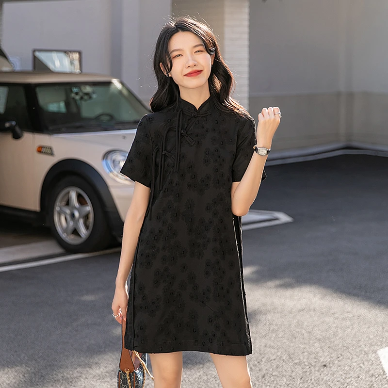 夏季复古小众国风日常高级感黑色旗袍改良小个子新中式盘扣连衣裙