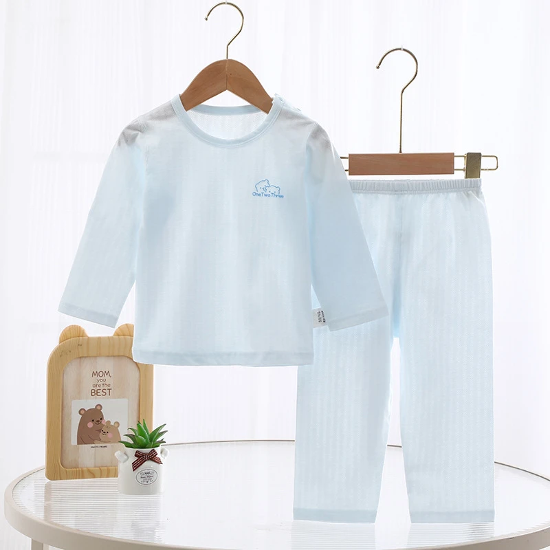 儿童纯棉长袖薄款睡衣肩扣套春夏季婴儿空调服套装宝宝分体居家服