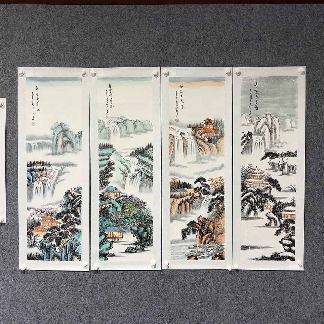 国画国画作品山水四条屏