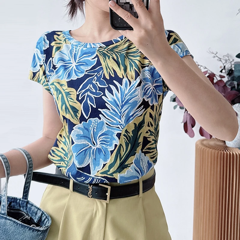 夏季蓝色春夏宽松型包袖短袖圆领提花T恤印花-T2203012