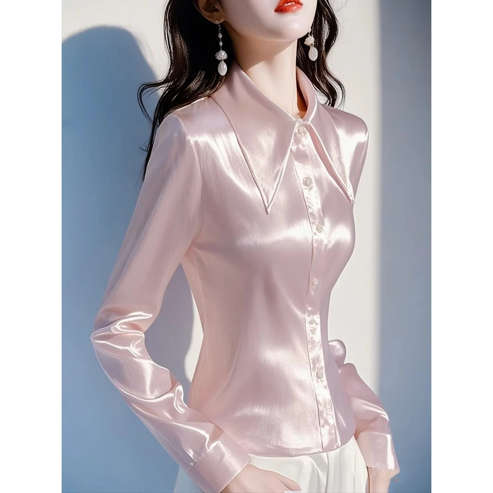 收腰缎面衬衫女春秋季2025新款时尚洋气职业衬衣长袖气质垂感上衣