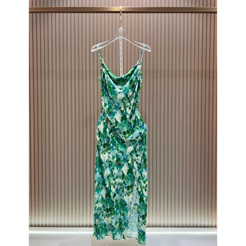 高级祖母绿 重磅斜纹吊带修身连衣裙轻奢高端连衣裙