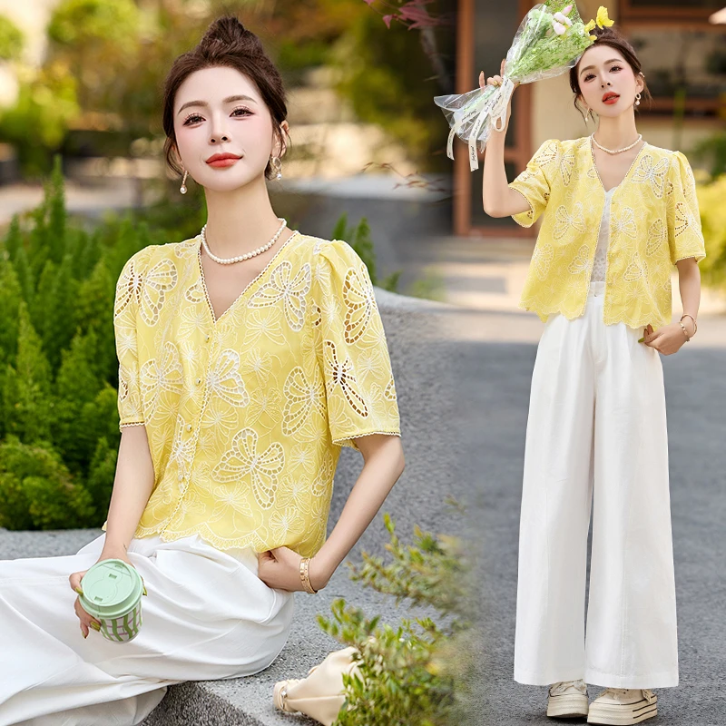 镂空刺绣亮片V领短袖衬衫女上衣2025夏季新款设计感小众洋气小衫