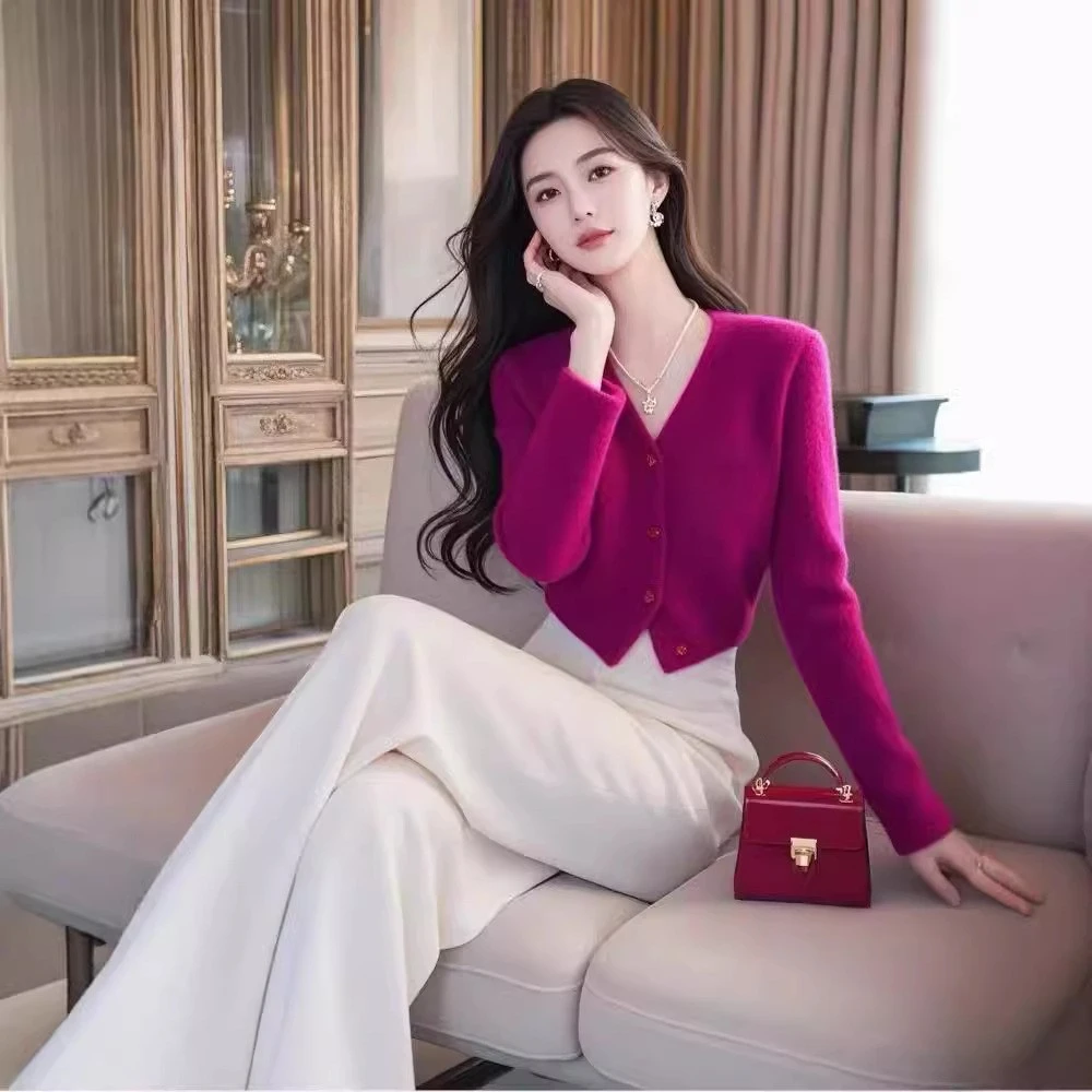 秋冬穿搭一整套高级感名媛气质时尚小香风玫红色毛衣裤子别致漂亮