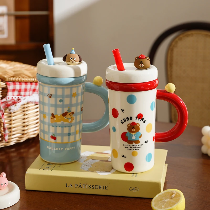舍里马克杯可爱家用陶瓷水杯女生带盖吸管大容量办公室咖啡杯子
