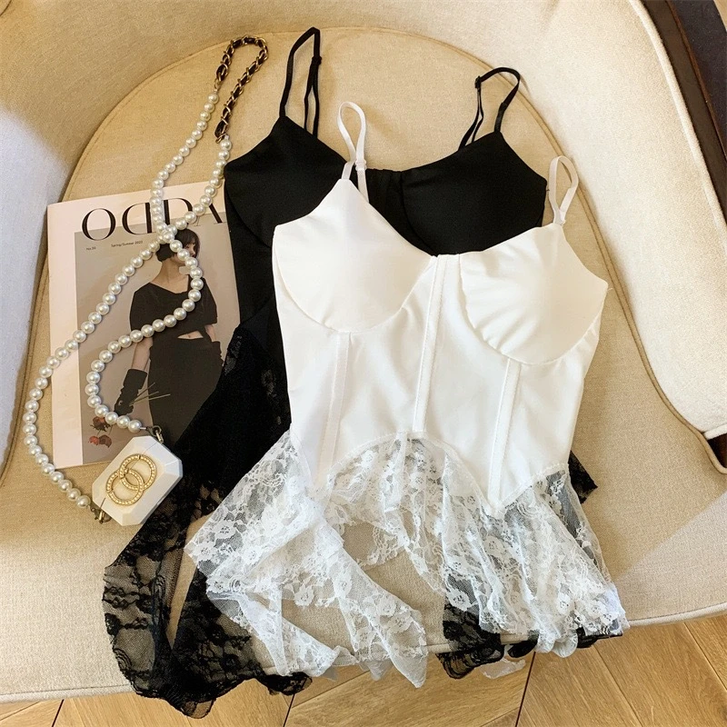 新款法式气质小众设计个性不规则修身显瘦荷叶边蕾丝百搭吊带上衣