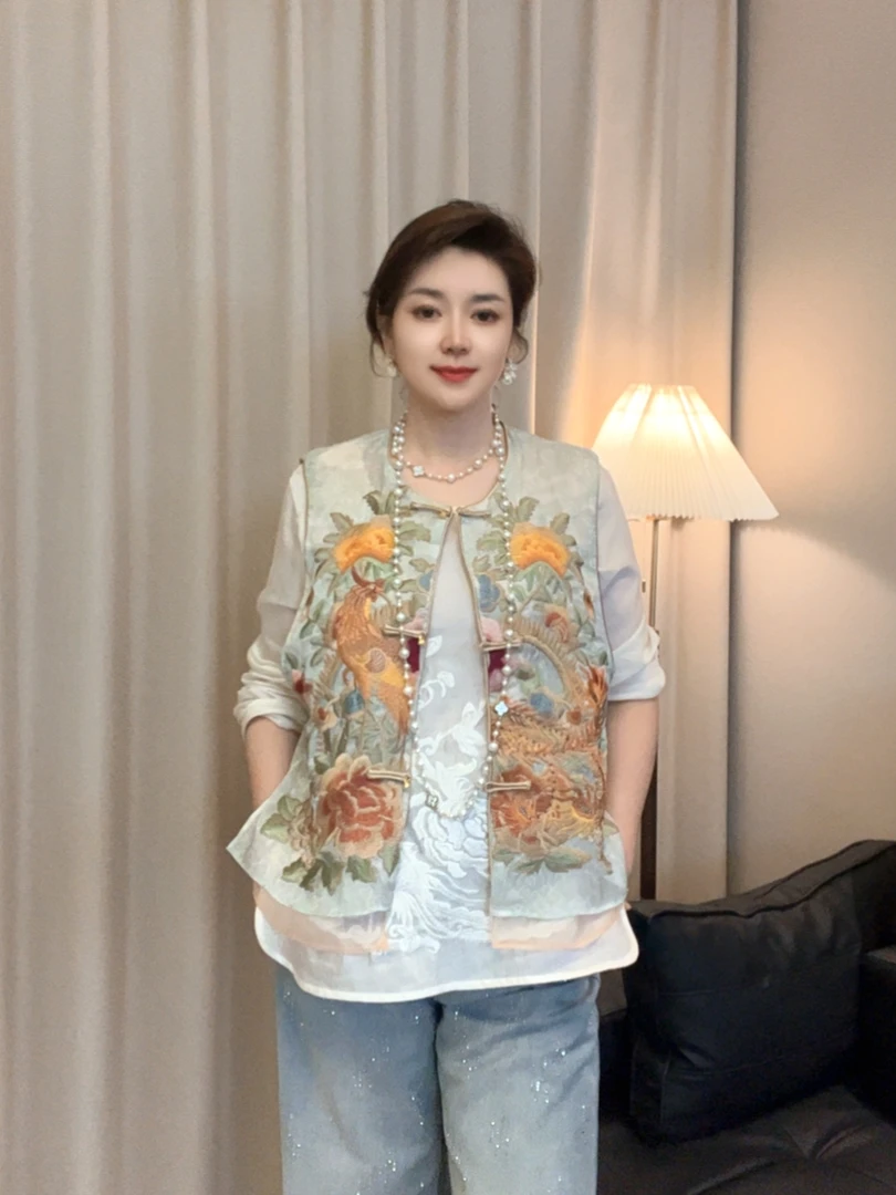 凤穿牡丹原版新中式重工刺绣夏季马甲国风薄款立体绣花上衣轻奢