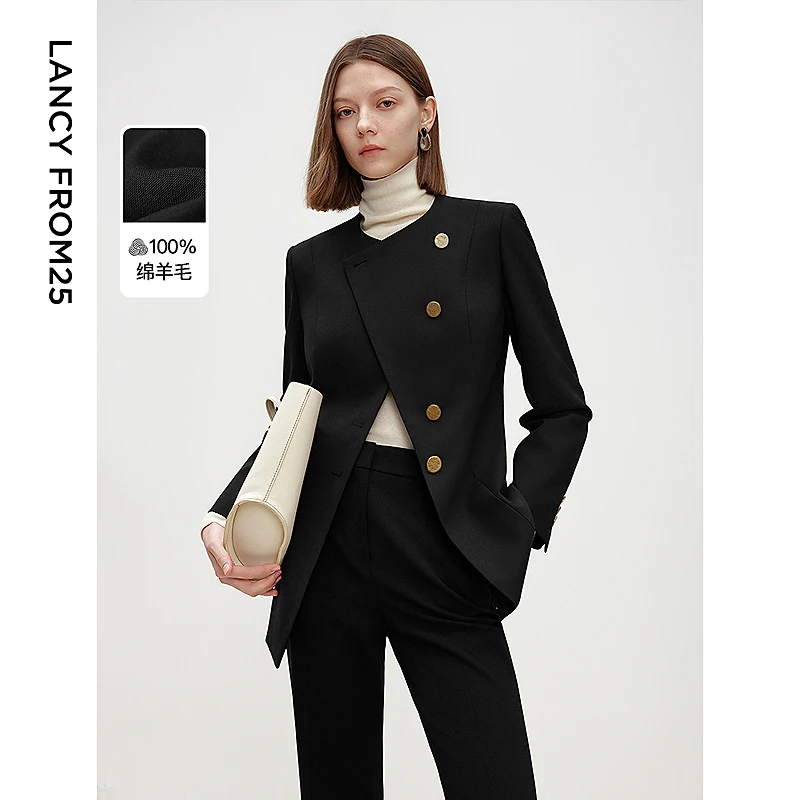 朗姿时尚套装2025年冬季新款高智气质设计感修身上衣女