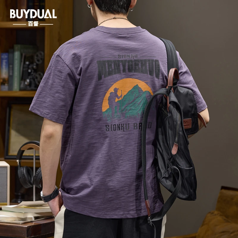 潮牌户外山系印花短袖t恤男士宽松圆领上衣夏季2025新款半袖体恤