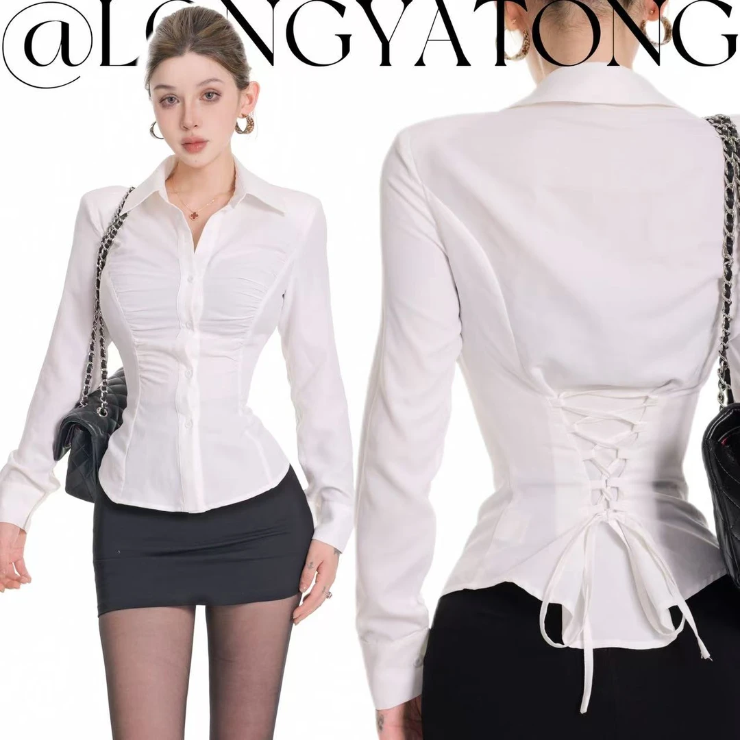 龙牙童推荐【衬衫佼佼者】单排多扣显瘦女装收腰POLO领黑色气质时尚