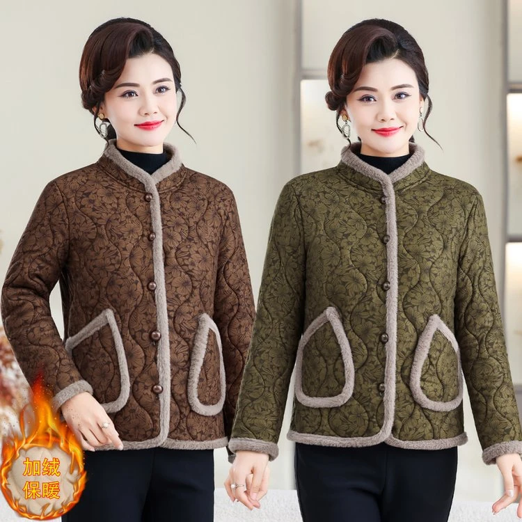 气质妈妈装中老年冬季立领保暖加绒短款中年妈妈小棉衣秋冬加厚