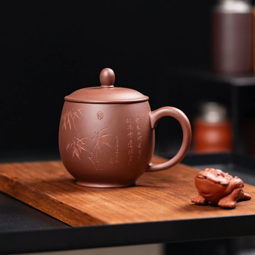 原矿底槽清纯手工刻绘小容量家用竹叶龙蛋紫砂杯 350cc