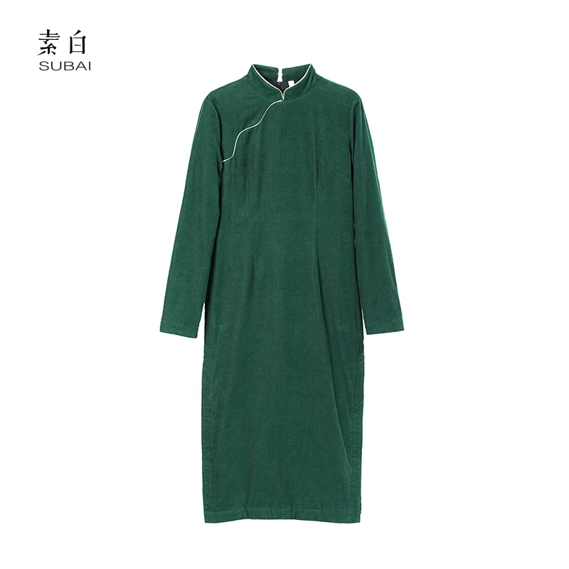 素白复古文艺【久等】P00838灯芯绒宽松改良中长款旗袍