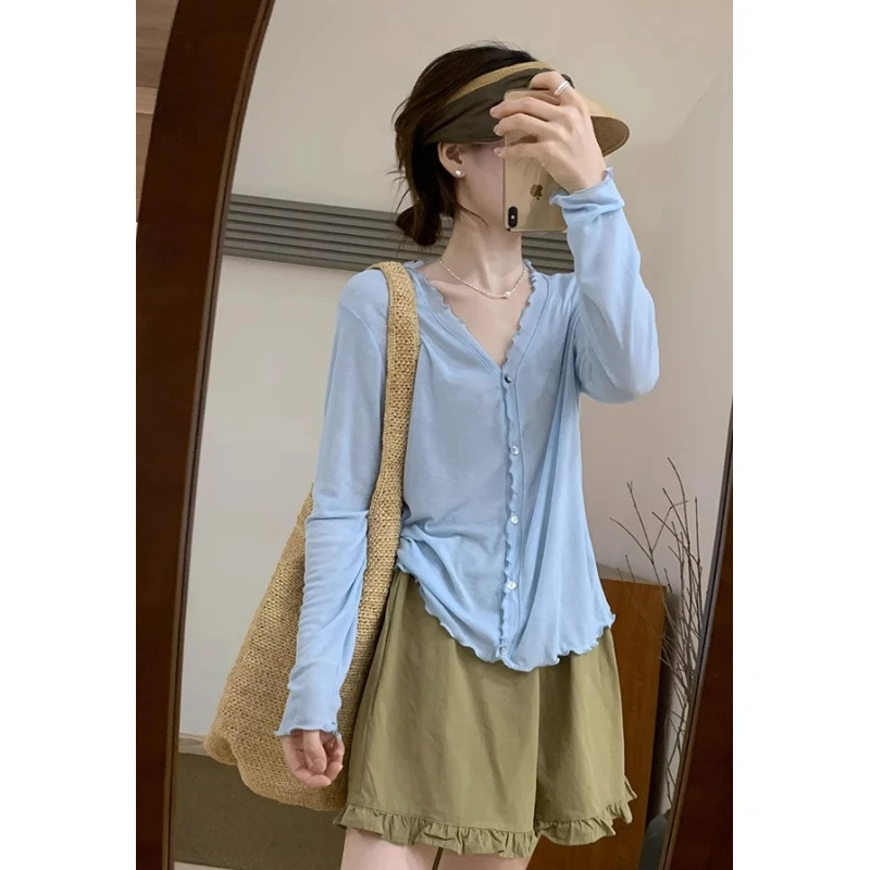 法式V领木耳边蓝色冰丝防晒衣女夏季薄款外搭针织开衫空调衫上衣