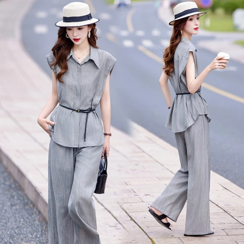 衬衫套装女夏季高级感时尚洋气轻熟风显瘦薄款阔腿裤子两件套2556