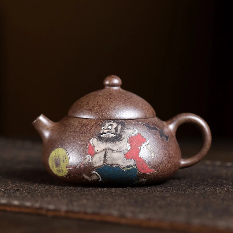 大吉羊柴烧 宜兴紫砂壶彩绘茶壶 本山绿泥财源滚滚140ml徐顺伟