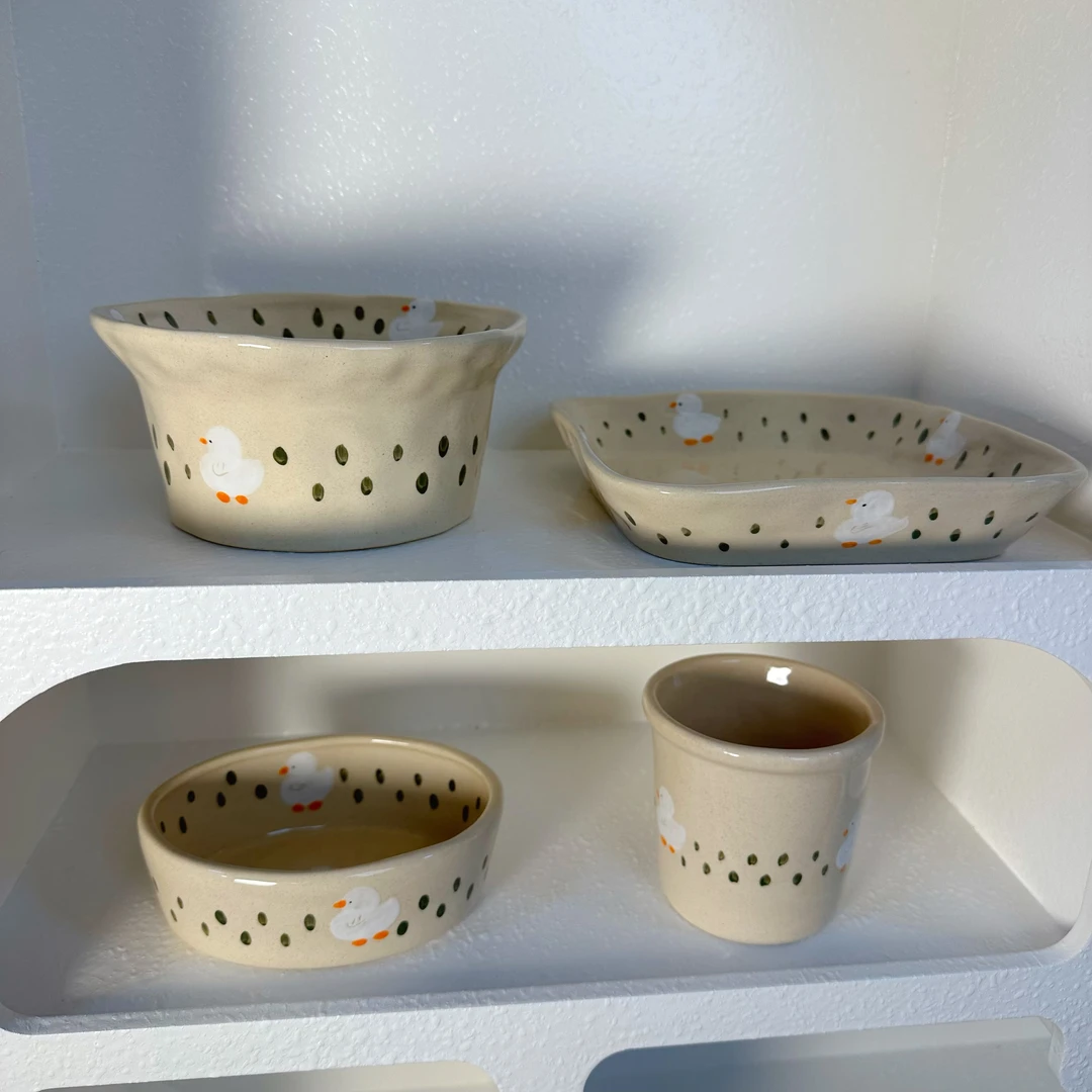 简约手绘原创可达鸭刻刀工艺手作陶瓷高温釉下家用餐具景德镇礼品