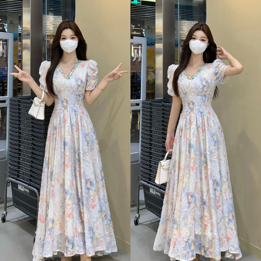 大码法式甜美风碎花连衣裙高腰显瘦夏季新款绝美仙女长裙