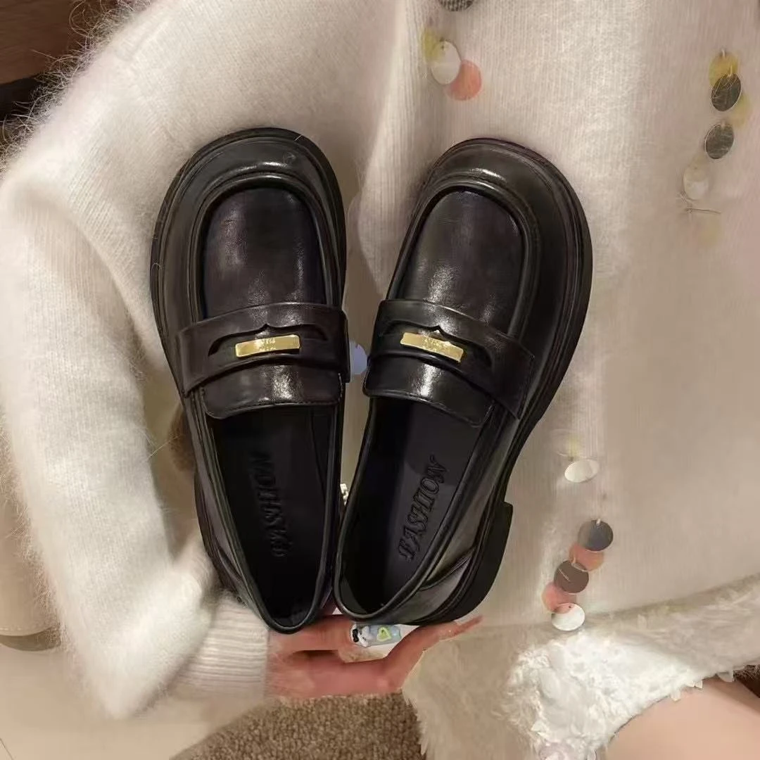 春季薄款乐福鞋全黑色豆豆鞋英伦风单鞋百搭平底舒适软底黑色时尚