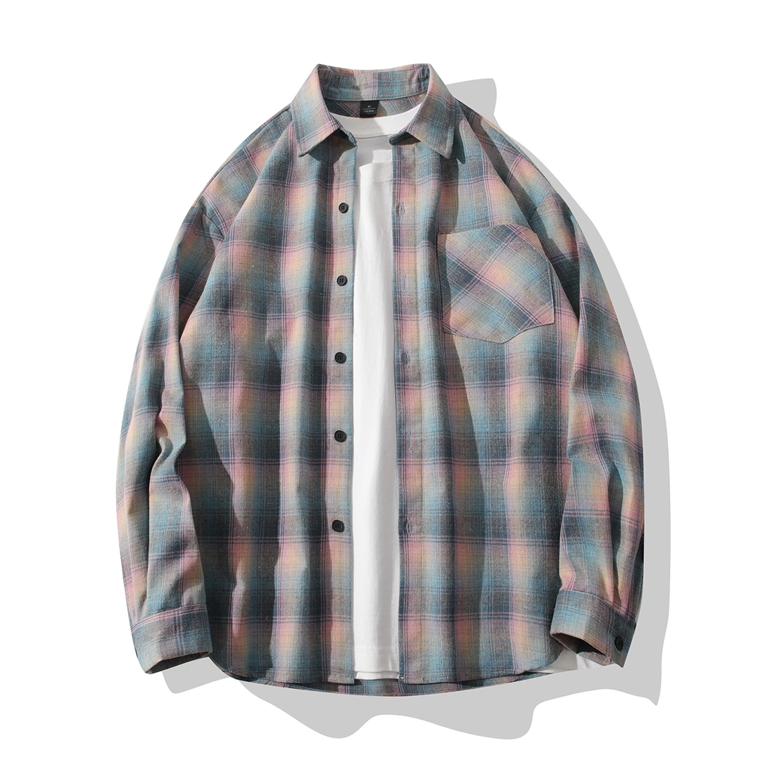 情侣粉蓝拼色港风潮流复古棉质长袖衬衫春秋休闲宽松时尚衬衣外套