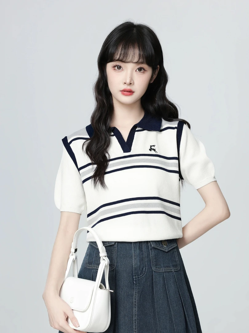 老钱风Polo领条纹短袖女夏季韩系宽松薄款撞色短款翻领上衣A63