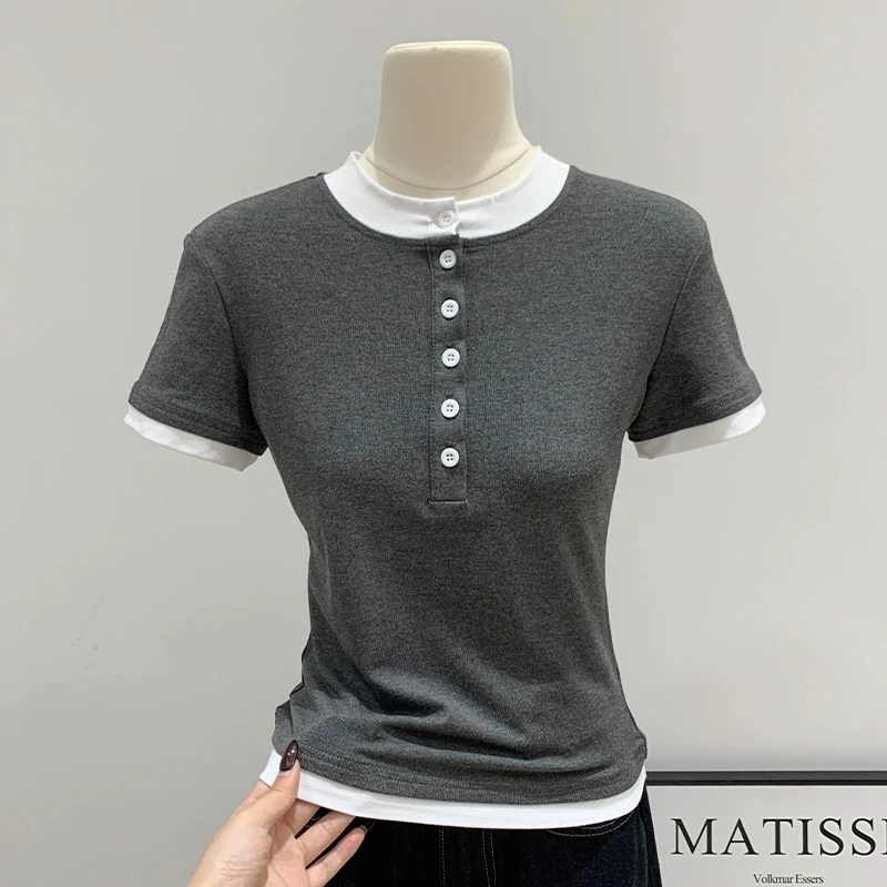 韩系休闲风拼色半开领短袖2025女夏季新款修身短款辣妹T恤小上衣