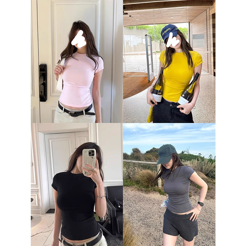 Miss sumeyY3729自制新款感韩系正肩百搭简约圆领修身针织短袖T恤