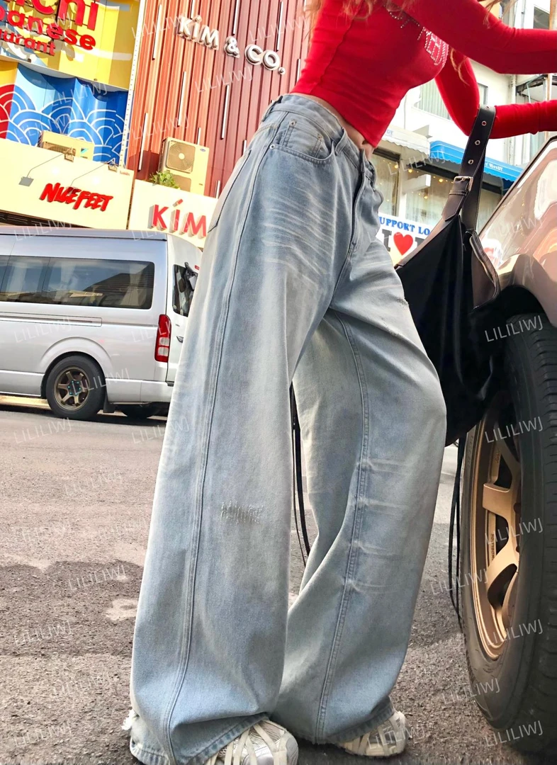 婉君【王炸蓝牛】早春显瘦宽松阔腿设计感休闲牛仔裤LWJ25A1K009