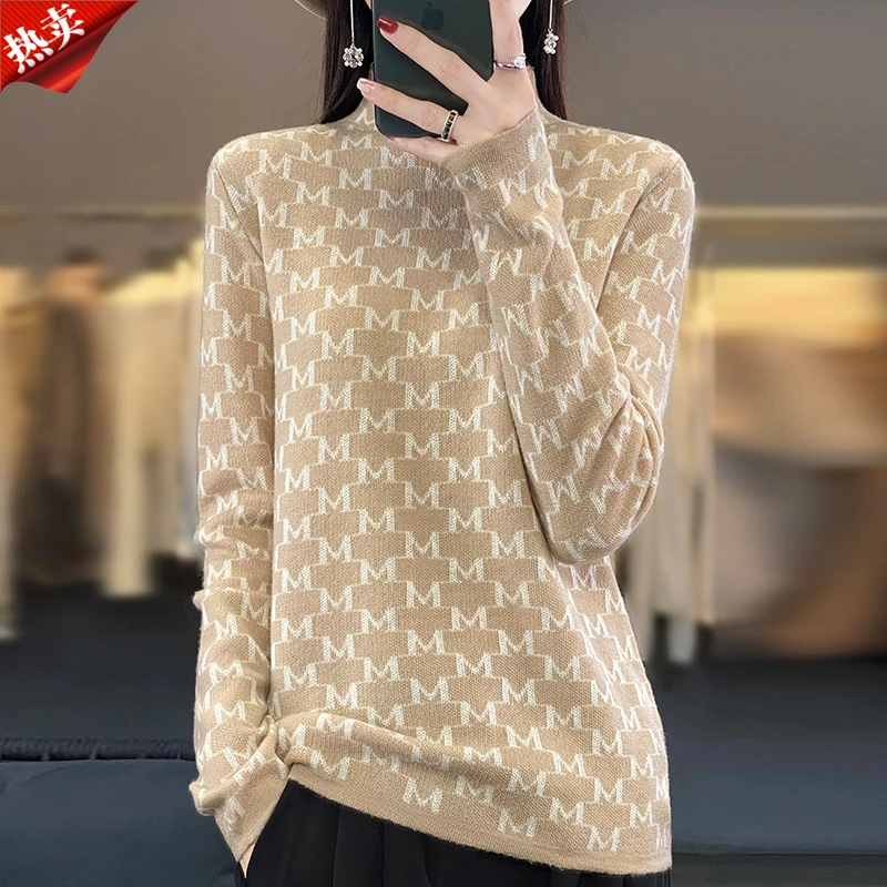 哥弟阿玛施正品新款简约百搭提花半高领羊毛衫女士时尚毛针织上衣