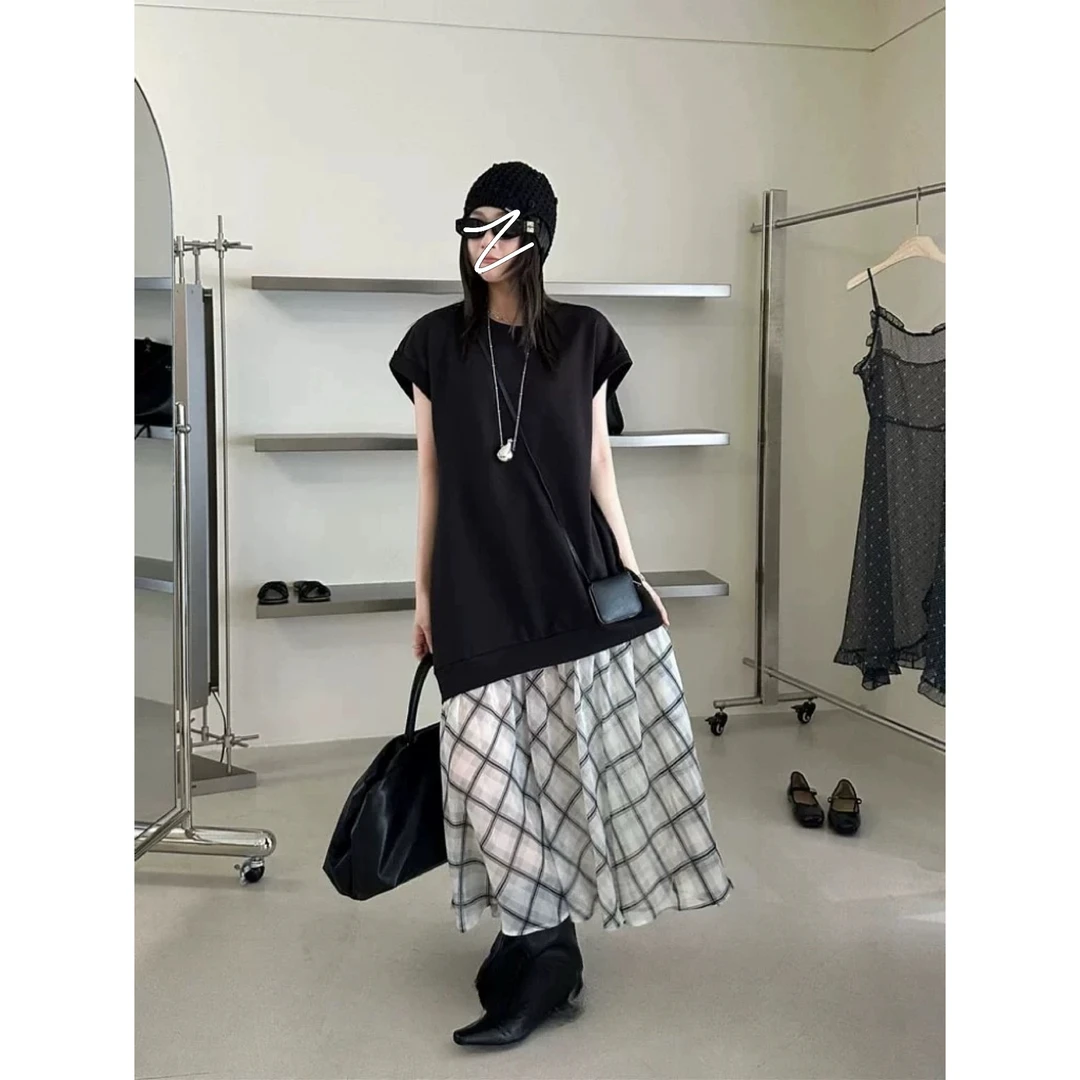 大码夏季休闲慵懒松弛宽松有口袋T恤拼接格纹面膜感连衣裙