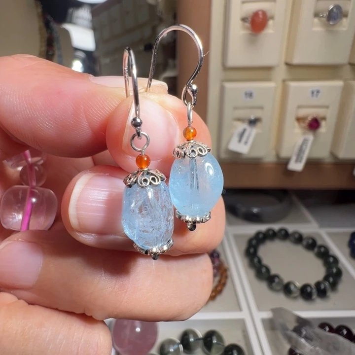 海蓝宝石耳坠银S925镶嵌天然海蓝宝石