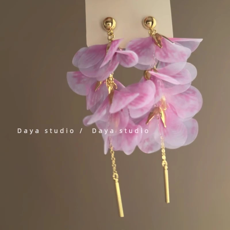 氛围感浪漫渐变紫色花瓣流苏耳环高级感气质耳钉女仙气度假风耳饰