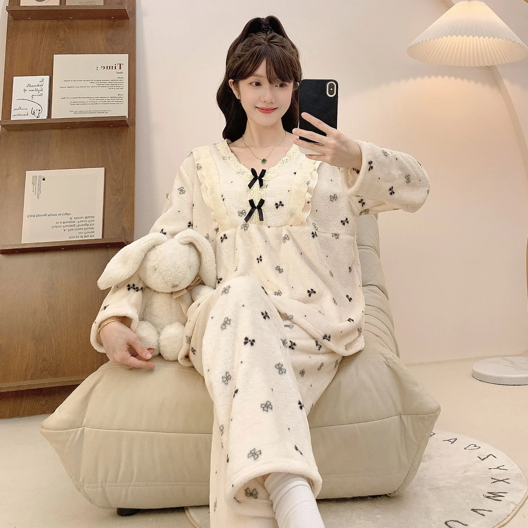 网红大码睡衣女款法兰绒加厚秋冬季学生韩版保暖甜美风家居服套装