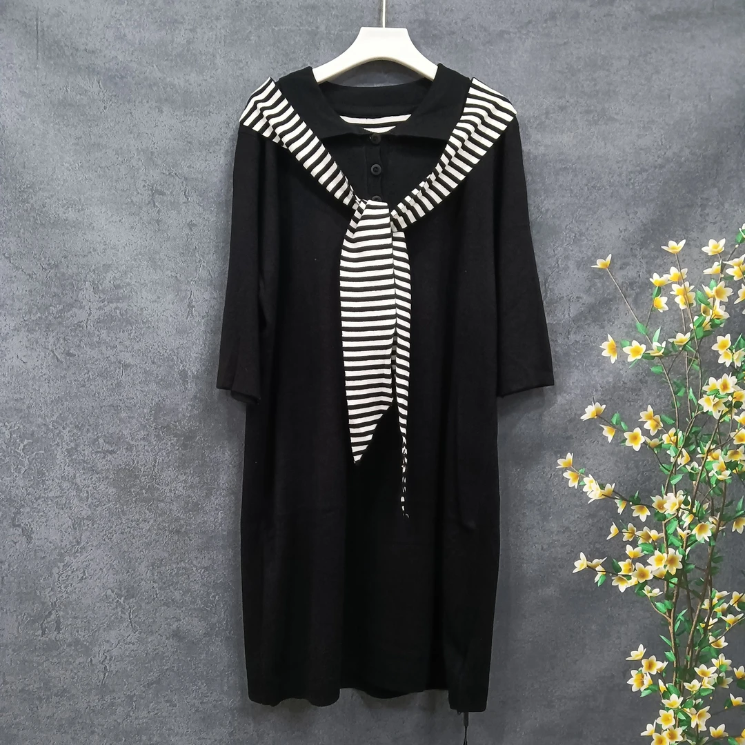 LZ6007【夏季新款】时尚立领黑色拼接条纹连衣裙