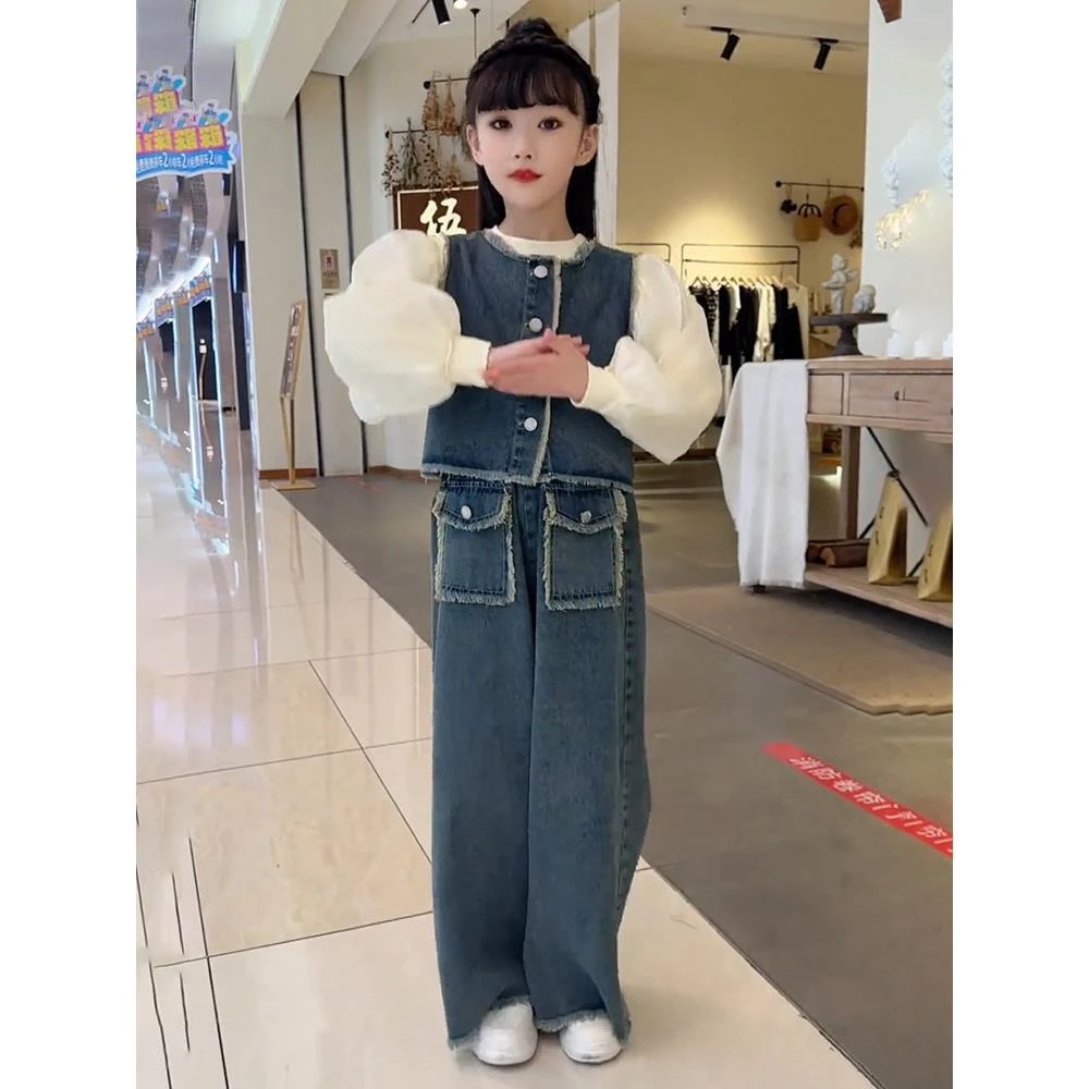 MK&DK女童秋季牛仔套装2025款中大童女孩时髦洋气牛仔马甲三件套