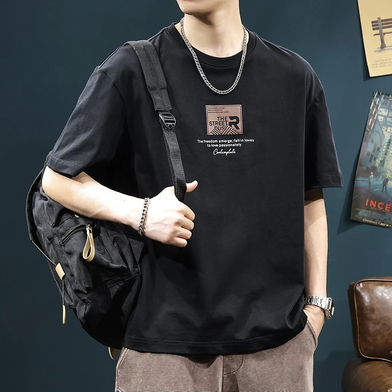 夏季新款纯棉重磅T恤男装潮流字母印花宽松休闲百搭男士圆领短袖