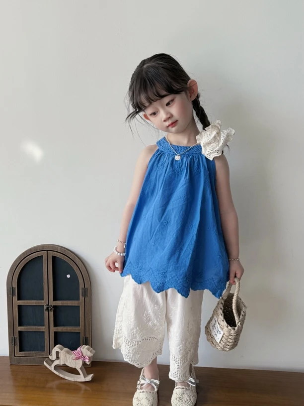 显白套装女童夏季套装2025新款洋气女宝宝镂空挂脖背心儿童韩版