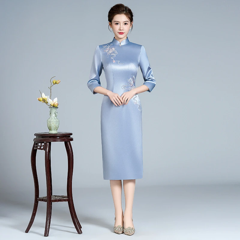 【正品苏绣】天蓝色旗袍中长款三醋酸喜妈妈婚宴礼服敬酒服日常可L