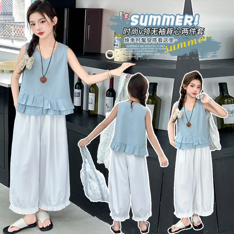 女童夏装无袖套装洋气2025新款10岁中大童夏季阔腿裤韩版洋气休闲