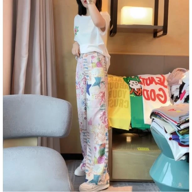 【哝哝服饰】2024春夏新款欧若风花色直筒休闲长裤203-0179922