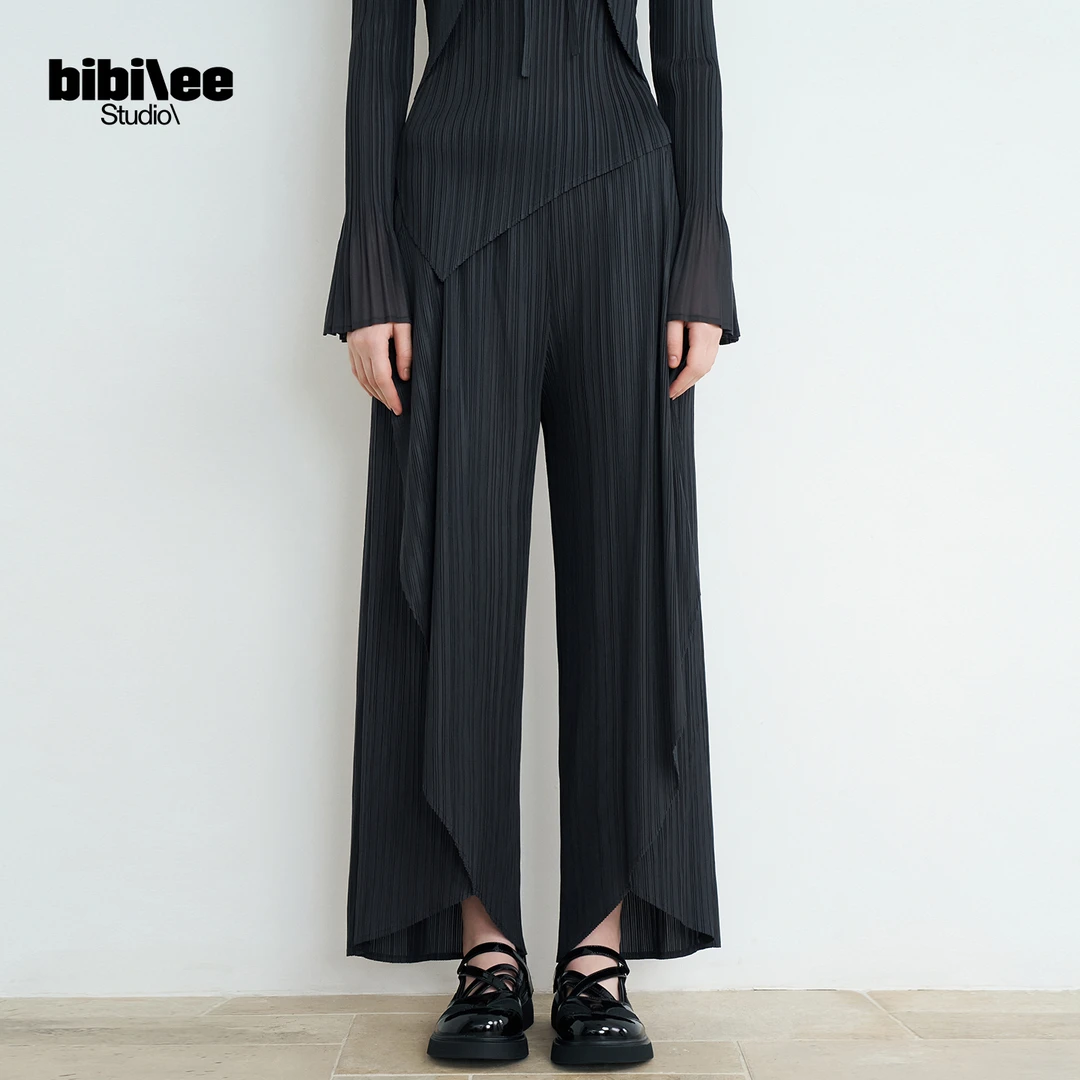 BIBILEE STUDIO2025秋冬新中式对称立体弧形简约褶皱直筒裤BBL545