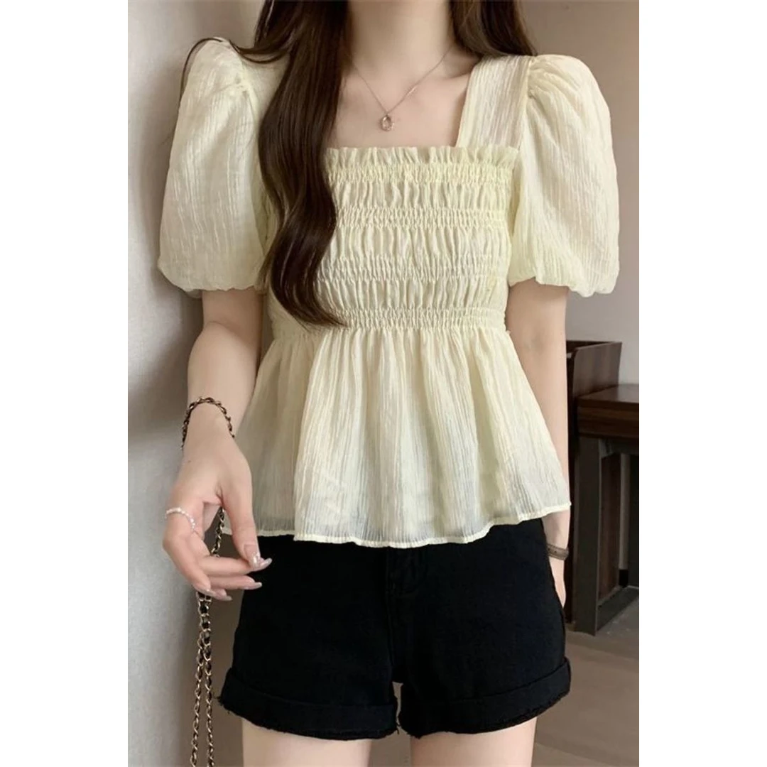 法式方领短袖雪纺衬衫女装夏装新款设计感小众短款上衣遮肚