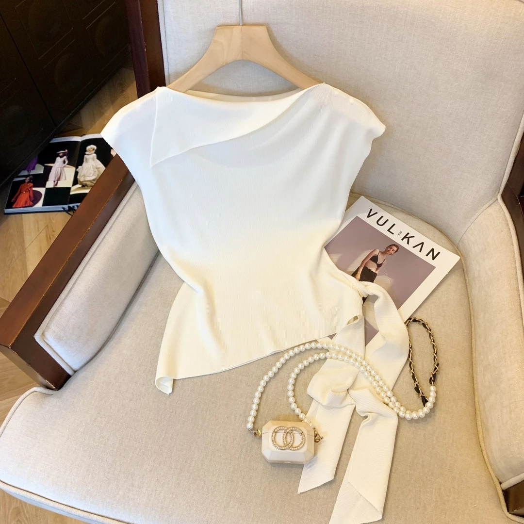 法式斜肩不规则冰丝针织衫女夏季独特超好看别致绝美修身露肩上衣