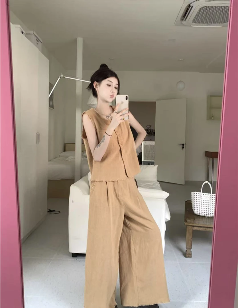 18012夏季新款小众时尚洋气休闲百搭韩系无袖上衣高腰休闲裤套装