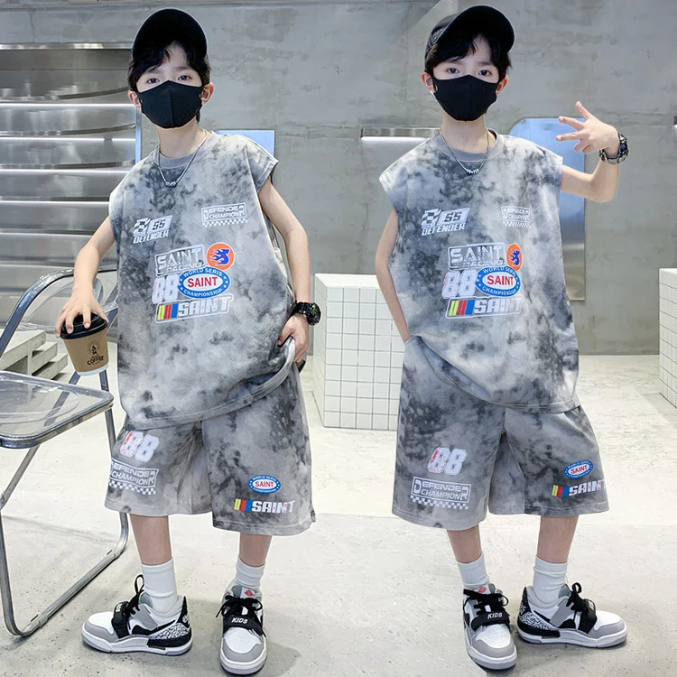 套装男童男孩印花炸街ol潮酷儿童运动洋气休闲夏季薄款中大童