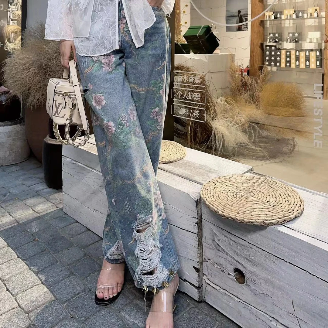 【张喜喜】时尚休闲百搭显瘦气质做旧高腰牛仔裤 D3181552