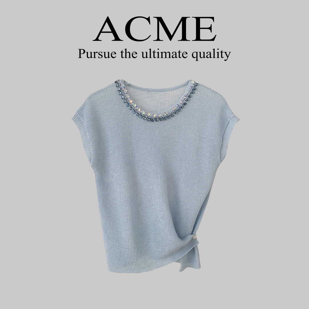 【大莹】2025定制夏季毛针织衫女短袖树脂固色蕾丝打底宽松镂空