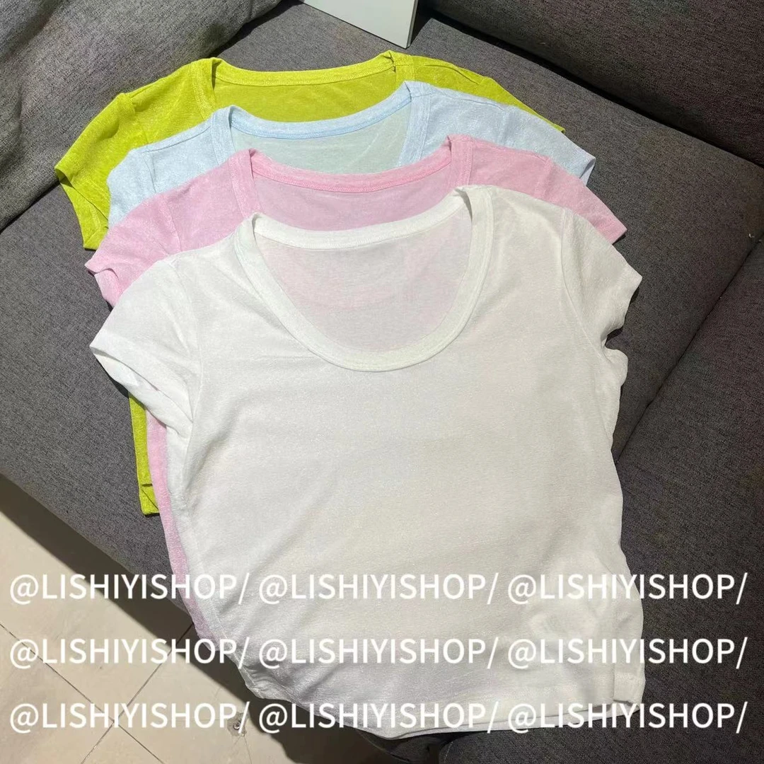 【李十一LISHIYI】净版细闪圆领微透短T恤上衣★4121516