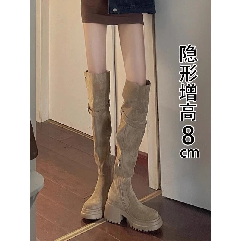 过膝长靴女厚底8cm2025年秋冬新款美拉德两穿翻折长筒靴高筒靴子