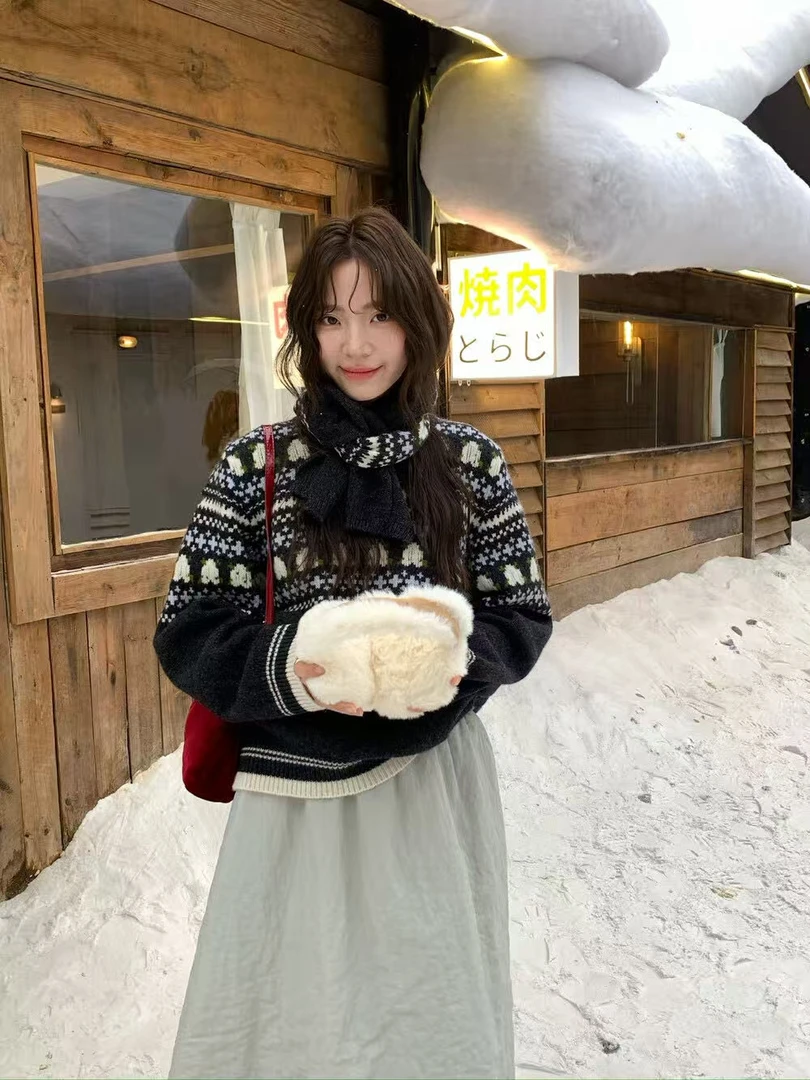 Bee-7288#复古气质费尔岛百搭毛衣【衣长59 配围巾】